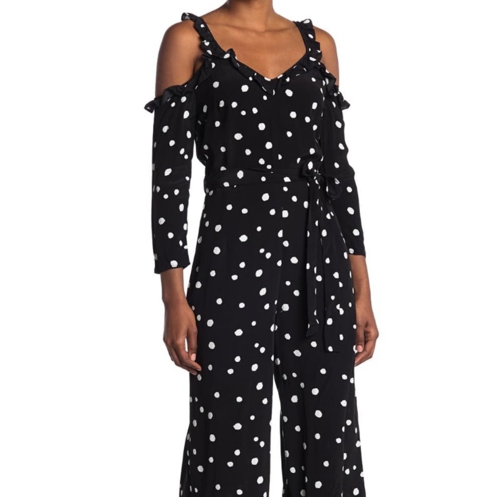 TOPSHOP COLD SHOULDER JUMPSUIT IN BLACK/WH…